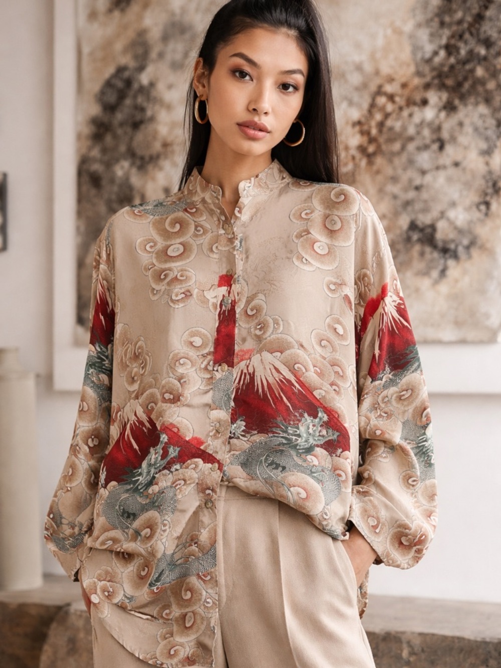Vintage 90 Citron Santa Monica Silk Dragon Fuji Blouse M Wearable Art Boho Luxe - Picture 1 of 6